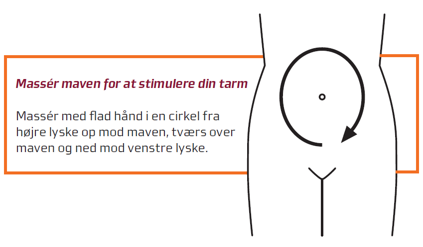 Massér maven for at stimulere din tarm. Massér med flad hånd i cirkel fra højre lyske op mod maven, tværs over maven og ned mod venstre lyske.