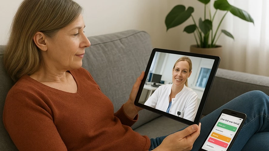 Patient i sofa i kontakt med hospital (AI-genereret)