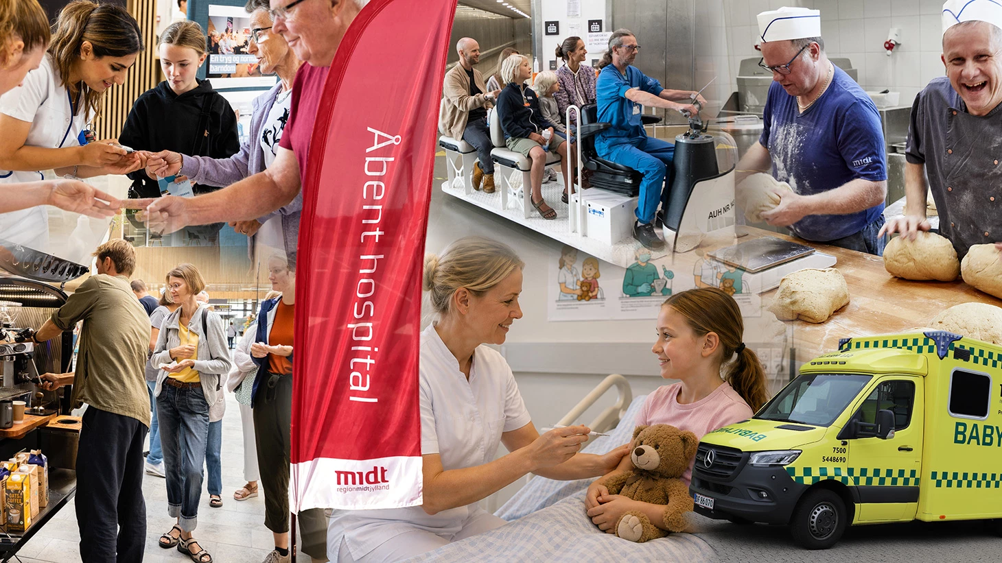 Collage med billeder fra Forum, Forsyningsbyen og sidste års Åbent Hospital