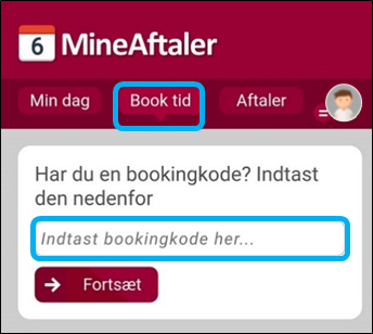 Skærmdump af Mine Aftaler der viser hvor man indtaster bookingkode