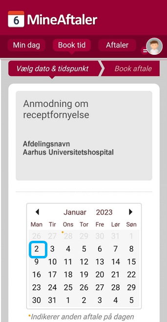 Skærmdump af Mine Aftaler, der viser hvor man klikker på første ledige dato