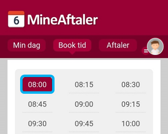 Skærmdump af Mine Aftaler der viser hvor man kan vælge første ledige tid
