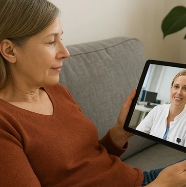 Patient taler med personale over ipad hjemmefra