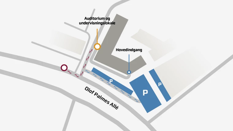Kort der viser vejen til indgang fra nærmeste busstop/letbanestop